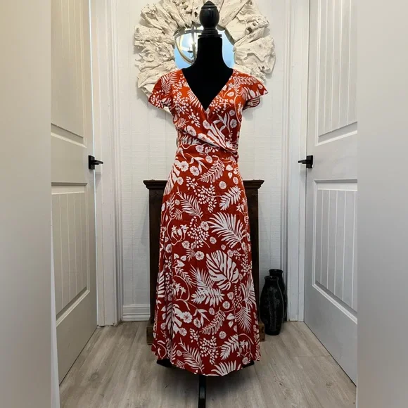 Arnhem Orange and White Tropical Floral Midi wrap Dress - Picture 9 of 9